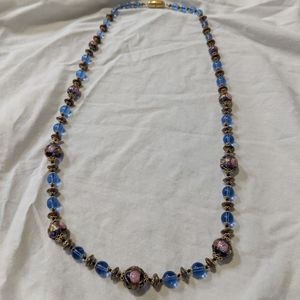 Handmade blue gold accent rose bead necklace